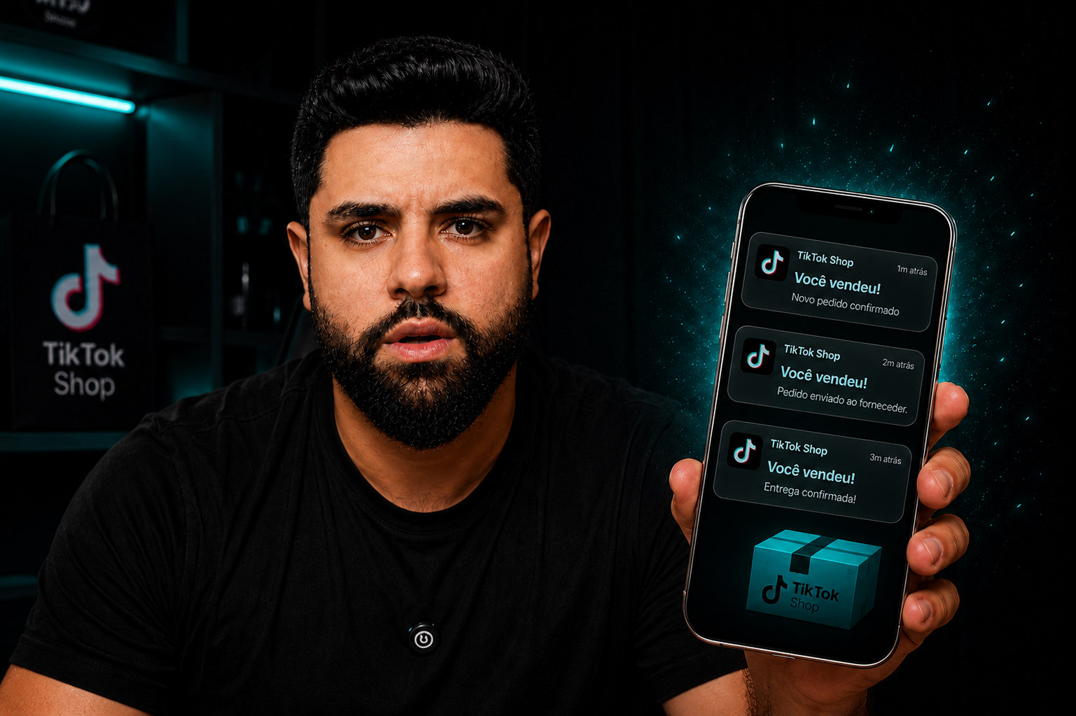 Especialista mostrando notificações de vendas do TikTok Shop no celular